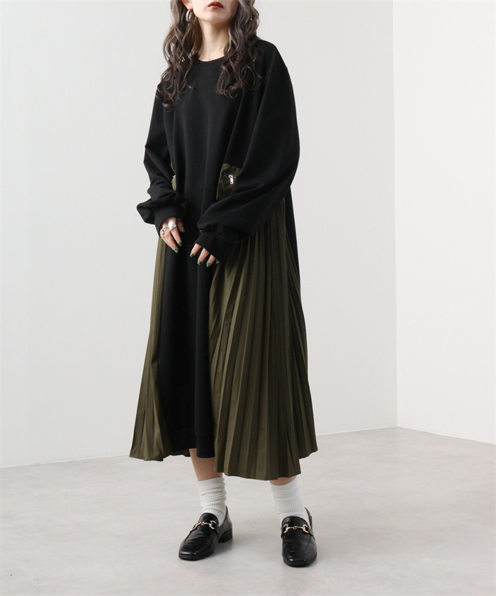 <br>ロングワンピース レディース 長袖 秋冬 きれいめ トレーナー 大きいサイズ ロング丈 ワンピース 黒 プリーツワンピース 異素材 切替 着瘦せ 通勤 レイヤード風 プリーツ トレーナーワンピース ブラック 柔らか コーデ 大人 冬 送料無料 カジュアル 上品 ゆったり