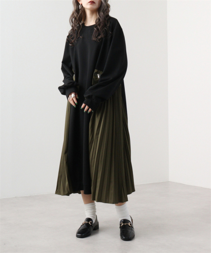 <br>ロングワンピース レディース 長袖 秋冬 きれいめ トレーナー 大きいサイズ ロング丈 ワンピース 黒 プリーツワンピース 異素材 切替 着瘦せ 通勤 レイヤード風 プリーツ トレーナーワンピース ブラック 柔らか コーデ 大人 冬 送料無料 カジュアル 上品 ゆったり