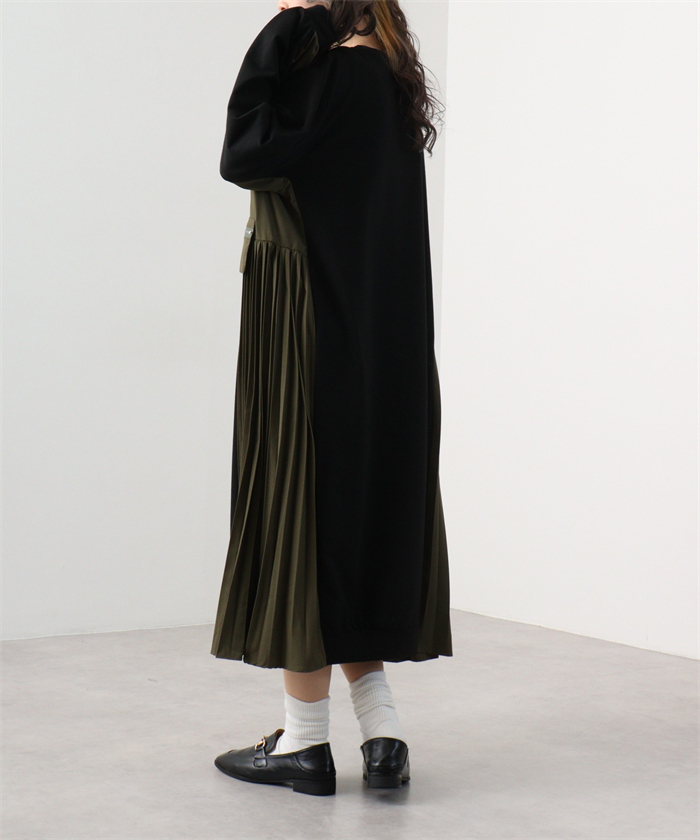 <br>ロングワンピース レディース 長袖 秋冬 きれいめ トレーナー 大きいサイズ ロング丈 ワンピース 黒 プリーツワンピース 異素材 切替 着瘦せ 通勤 レイヤード風 プリーツ トレーナーワンピース ブラック 柔らか コーデ 大人 冬 送料無料 カジュアル 上品 ゆったり