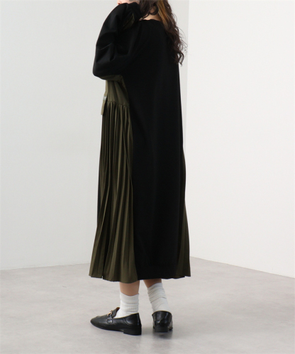 <br>ロングワンピース レディース 長袖 秋冬 きれいめ トレーナー 大きいサイズ ロング丈 ワンピース 黒 プリーツワンピース 異素材 切替 着瘦せ 通勤 レイヤード風 プリーツ トレーナーワンピース ブラック 柔らか コーデ 大人 冬 送料無料 カジュアル 上品 ゆったり