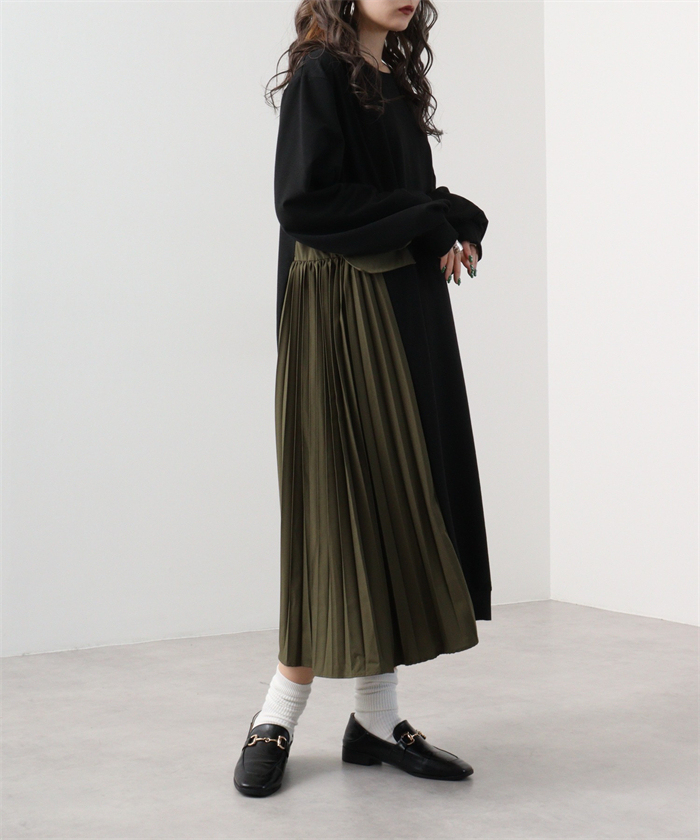 <br>ロングワンピース レディース 長袖 秋冬 きれいめ トレーナー 大きいサイズ ロング丈 ワンピース 黒 プリーツワンピース 異素材 切替 着瘦せ 通勤 レイヤード風 プリーツ トレーナーワンピース ブラック 柔らか コーデ 大人 冬 送料無料 カジュアル 上品 ゆったり