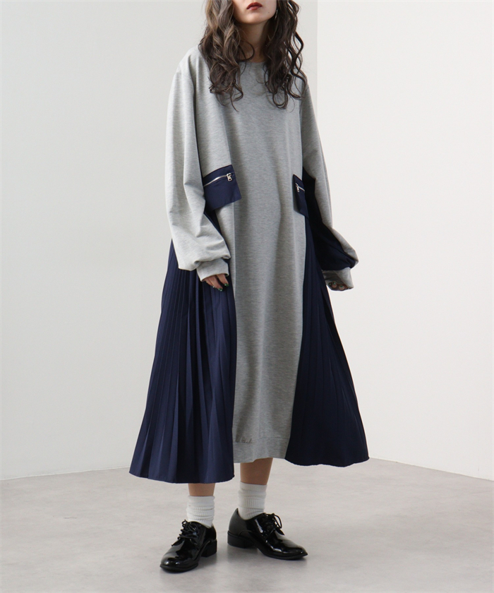 <br>ロングワンピース レディース 長袖 秋冬 きれいめ トレーナー 大きいサイズ ロング丈 ワンピース 黒 プリーツワンピース 異素材 切替 着瘦せ 通勤 レイヤード風 プリーツ トレーナーワンピース ブラック 柔らか コーデ 大人 冬 送料無料 カジュアル 上品 ゆったり