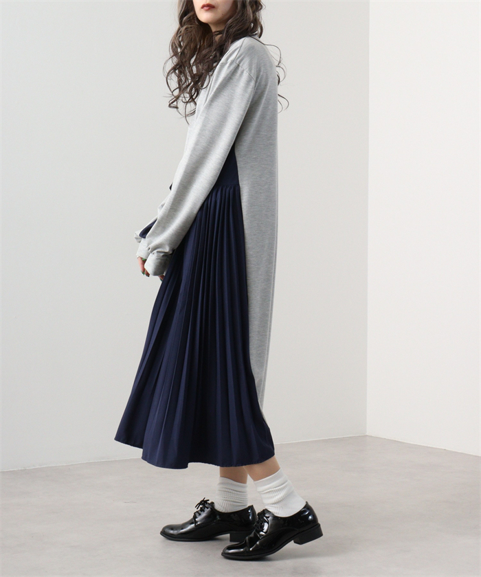 <br>ロングワンピース レディース 長袖 秋冬 きれいめ トレーナー 大きいサイズ ロング丈 ワンピース 黒 プリーツワンピース 異素材 切替 着瘦せ 通勤 レイヤード風 プリーツ トレーナーワンピース ブラック 柔らか コーデ 大人 冬 送料無料 カジュアル 上品 ゆったり
