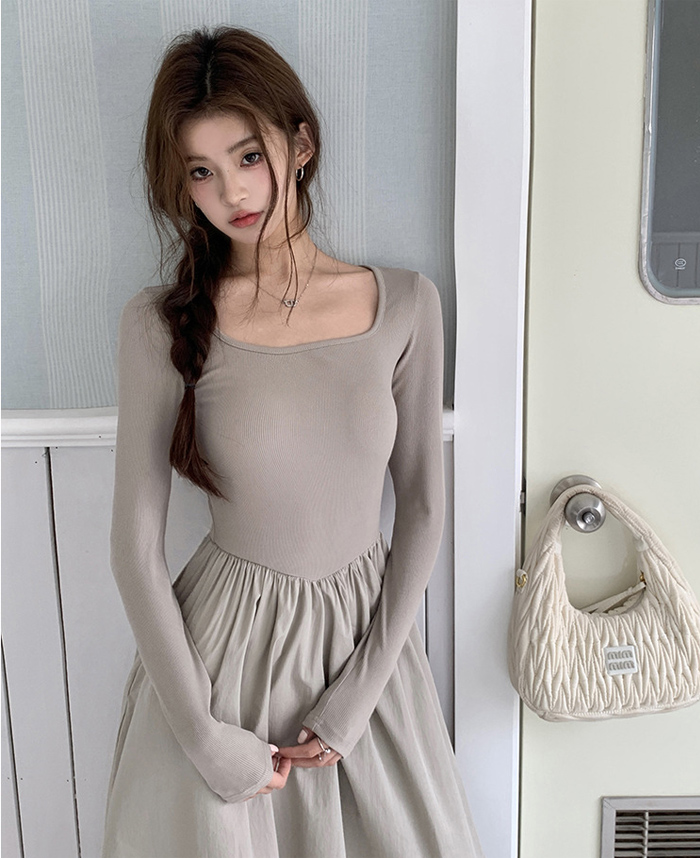 ロングワンピース 長袖 Aライン 春秋 秋冬 ニット ドッキングワンピース ワンピース レディース きれいめ 大きいサイズ カジュアル マキシワンピース ロング マキシ丈 Uネック シンプル