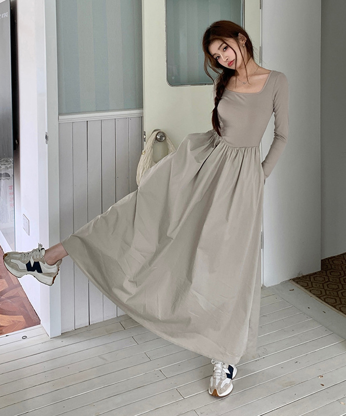 ロングワンピース 長袖 Aライン 春秋 秋冬 ニット ドッキングワンピース ワンピース レディース きれいめ 大きいサイズ カジュアル マキシワンピース