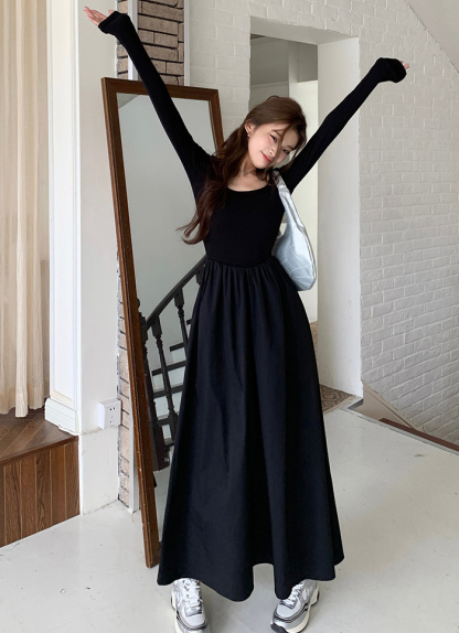 ロングワンピース 長袖 Aライン 春秋 秋冬 ニット ドッキングワンピース ワンピース レディース きれいめ 大きいサイズ カジュアル マキシワンピース ロング マキシ丈 Uネック シンプル