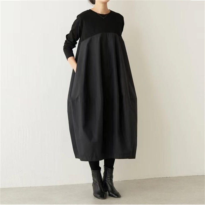 ワンピース 秋冬 きれいめ 大きいサイズ フォーマル バルーン ロングワンピース レディース 長袖 ミモレ丈 黒 ニットワンピース 異素材 切替 着瘦せ 通勤 レイヤード風 おしゃれ 無地 柔らか コーデ 大人 冬 送料無料 カジュアル ゆったり