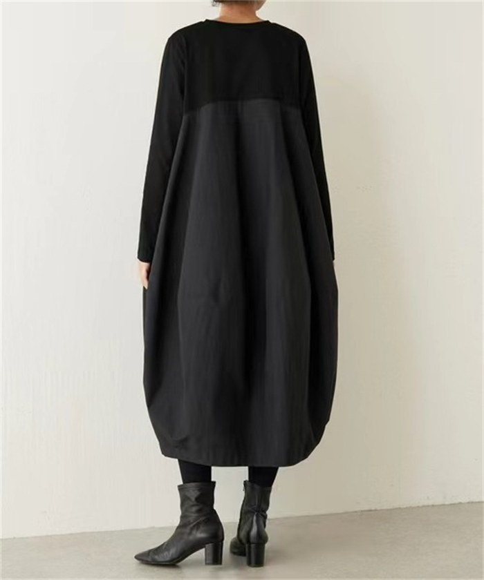 ワンピース 秋冬 きれいめ 大きいサイズ フォーマル バルーン ロングワンピース レディース 長袖 ミモレ丈 黒 ニットワンピース 異素材 切替 着瘦せ 通勤 レイヤード風 おしゃれ 無地 柔らか コーデ 大人 冬 送料無料 カジュアル ゆったり