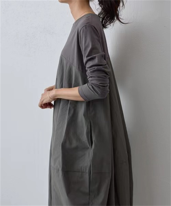 ワンピース 秋冬 きれいめ 大きいサイズ フォーマル バルーン ロングワンピース レディース 長袖 ミモレ丈 黒 ニットワンピース 異素材 切替 着瘦せ 通勤 レイヤード風 おしゃれ 無地 柔らか コーデ 大人 冬 送料無料 カジュアル ゆったり