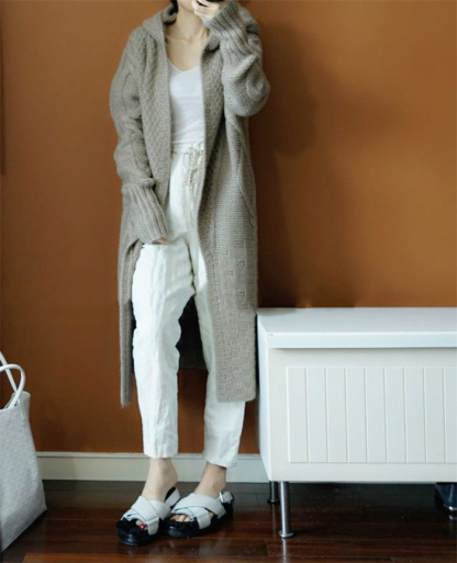 <br>ロングニットコート カーディガン レディース 秋 秋冬 大きいサイズ 厚手 パーカー 帽子 フード付き ニットカーディガン マキシ丈 ニット ロングカーディガン ロングニット アウター 羽織り 長袖 Vネック Iライン ローゲージニット 送料無料