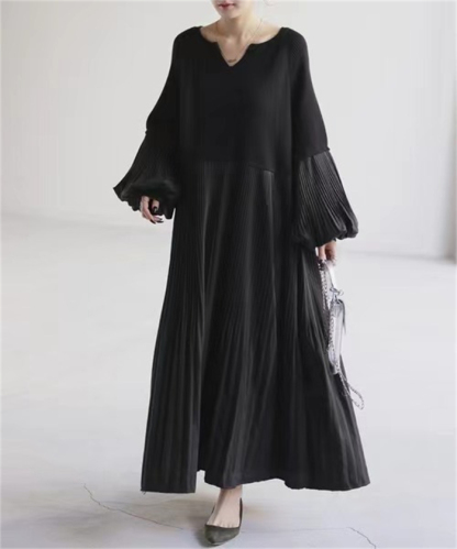 <br>ワンピース 秋冬 きれいめ 大きいサイズ フォーマル バルーン ロングワンピース レディース 長袖 ミモレ丈 黒 ニットワンピース 異素材 切替 着瘦せ 通勤 レイヤード風 おしゃれ 無地 柔らか コーデ 大人 冬 送料無料 カジュアル ゆったり