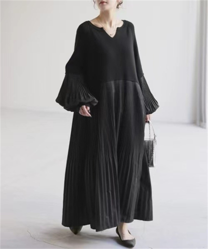 <br>ワンピース 秋冬 きれいめ 大きいサイズ フォーマル バルーン ロングワンピース レディース 長袖 ミモレ丈 黒 ニットワンピース 異素材 切替 着瘦せ 通勤 レイヤード風 おしゃれ 無地 柔らか コーデ 大人 冬 送料無料 カジュアル ゆったり