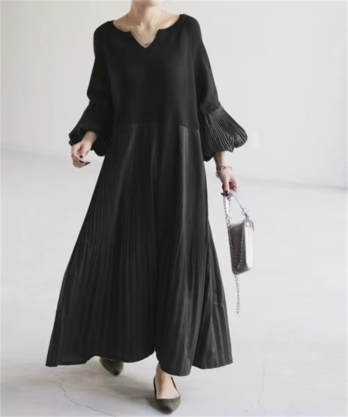 <br>ワンピース 秋冬 きれいめ 大きいサイズ フォーマル バルーン ロングワンピース レディース 長袖 ミモレ丈 黒 ニットワンピース 異素材 切替 着瘦せ 通勤 レイヤード風 おしゃれ 無地 柔らか コーデ 大人 冬 送料無料 カジュアル ゆったり