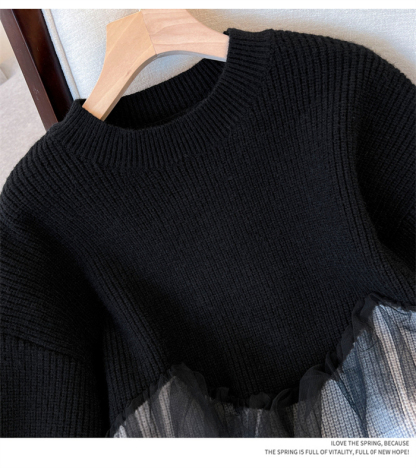 <br>チュール ドッキング ビスチェ風 ニット トップス レディース ニットトップス セーター プルオーバー 長袖 オーバーサイズ 体型カバー チュニック 着映え トレンド カジュアル きれいめ 防寒 暖か ニットセーター ゆったり 長袖 おしゃれ 無地 秋冬