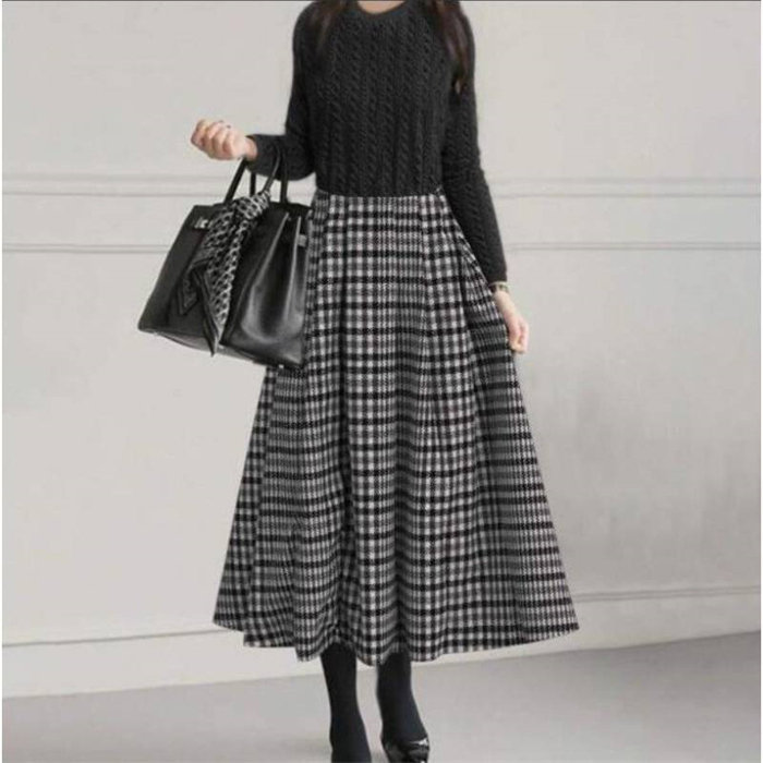 <br>ワンピース 春 きれいめ フォーマル 大きいサイズ ニット ロングワンピース レディース 長袖 ミモレ丈 ニットワンピース 異素材 切替 着瘦せ 通勤 レイヤード おしゃれ チェック柄 ブラック 柔らか 送料無料 カジュアル 上品