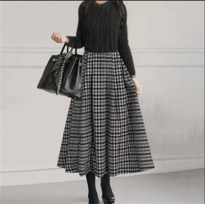 <br>ワンピース 春 きれいめ フォーマル 大きいサイズ ニット ロングワンピース レディース 長袖 ミモレ丈 ニットワンピース 異素材 切替 着瘦せ 通勤 レイヤード おしゃれ チェック柄 ブラック 柔らか 送料無料 カジュアル 上品