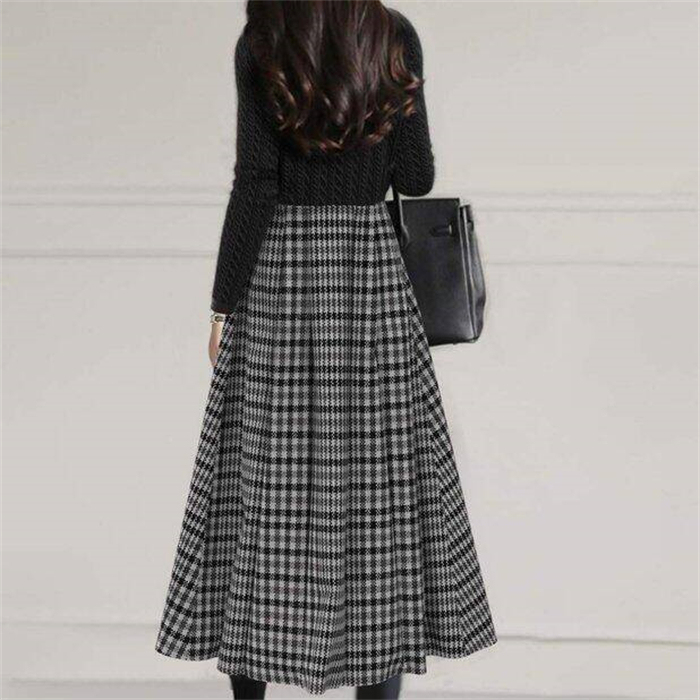 <br>ワンピース 春 きれいめ フォーマル 大きいサイズ ニット ロングワンピース レディース 長袖 ミモレ丈 ニットワンピース 異素材 切替 着瘦せ 通勤 レイヤード おしゃれ チェック柄 ブラック 柔らか 送料無料 カジュアル 上品