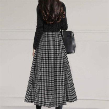 <br>ワンピース 春 きれいめ フォーマル 大きいサイズ ニット ロングワンピース レディース 長袖 ミモレ丈 ニットワンピース 異素材 切替 着瘦せ 通勤 レイヤード おしゃれ チェック柄 ブラック 柔らか 送料無料 カジュアル 上品