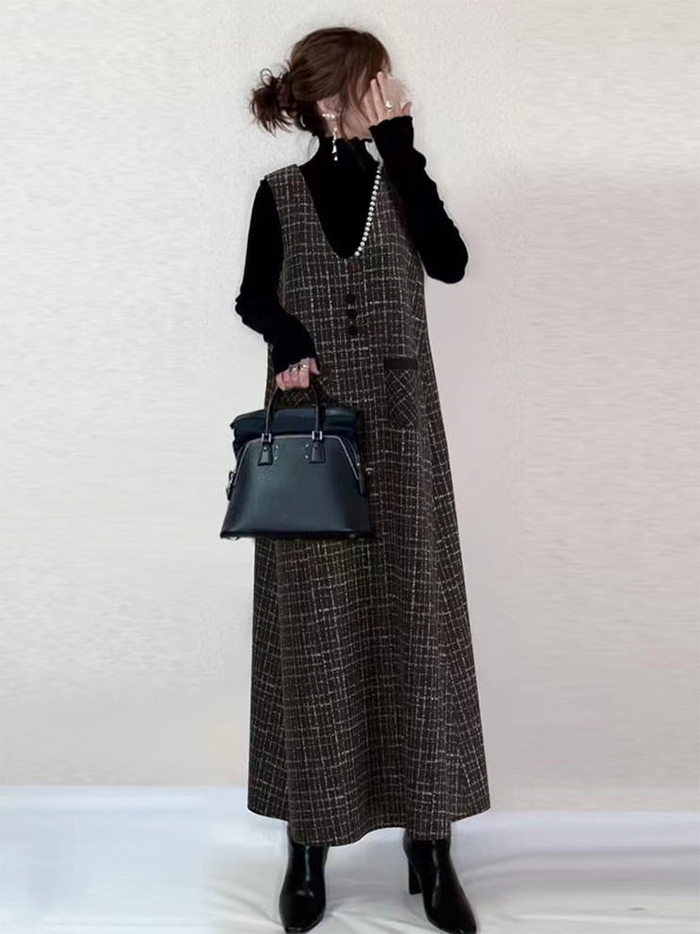 ジャンパースカート マキシ丈 チェック柄 Aライン ロング 秋 冬 大人 大きいサイズ Vネック オールインワン レディース ロングワンピース ロングベスト ワンピース ジャンスカ レイヤード 重ね着