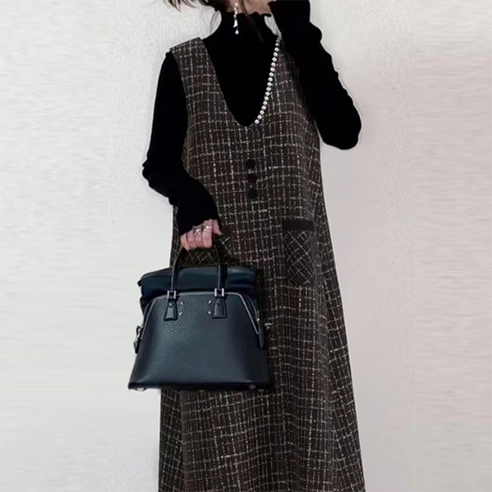 ジャンパースカート マキシ丈 チェック柄 Aライン ロング 秋 冬 大人 大きいサイズ Vネック オールインワン レディース ロングワンピース ロングベスト ワンピース ジャンスカ レイヤード 重ね着