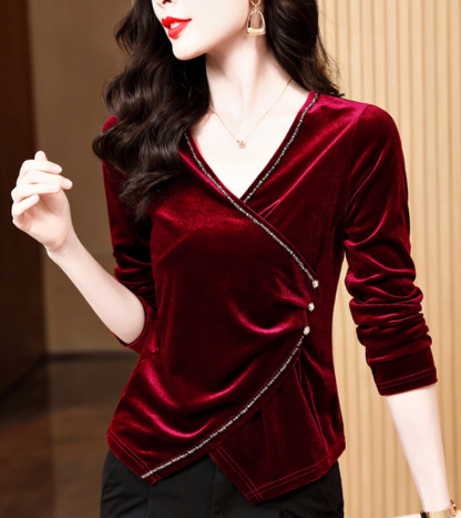 シャツ ベルベット ベロア Vネック レディース シャツ 長袖 大人 可愛い おしゃれ オフィス セレモニー ブラウス フォーマル 光沢感 高級感 ゴージャス 上品 小顔効果 卒園式