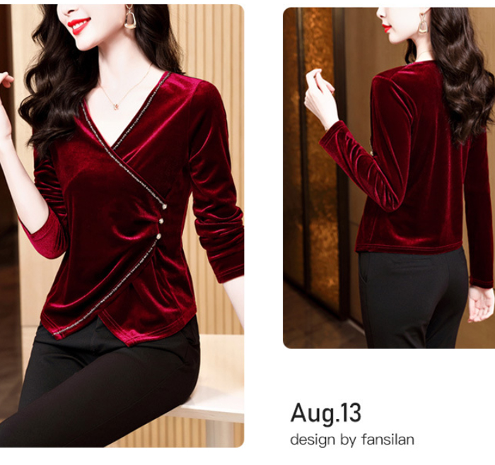 シャツ ベルベット ベロア Vネック レディース シャツ 長袖 大人 可愛い おしゃれ オフィス セレモニー ブラウス フォーマル 光沢感 高級感 ゴージャス 上品 小顔効果 卒園式