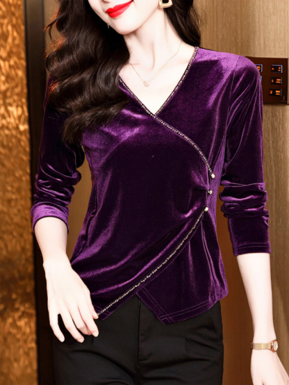 シャツ ベルベット ベロア Vネック レディース シャツ 長袖 大人 可愛い おしゃれ オフィス セレモニー ブラウス フォーマル 光沢感 高級感 ゴージャス 上品 小顔効果 卒園式