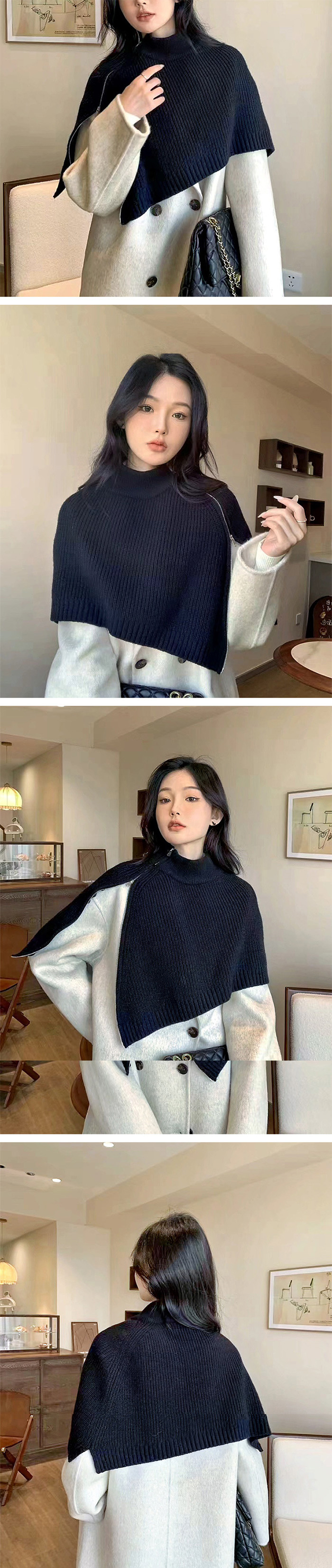 <br>ニットベスト 変形 グレー ベスト ニット セーター トップス レディース 半袖 ハイネック タートルネック イレギュラー ポンチョ ストール 秋冬 プルオーバー 大きいサイズ 重ね着 レイヤード 二の腕カバー 黒 送料無料