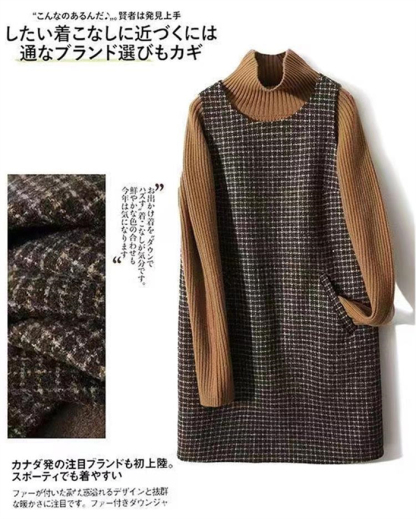 <br>ジャンパースカート 50代 膝丈 チェック柄 秋 冬 大人 体型カバー Uネック オールインワン レディース ロングワンピース ロングベスト ワンピース ジャンスカ ポケット スカート ファスナー 重ね着 カジュアル きれいめ 大人可愛い 送料無料
