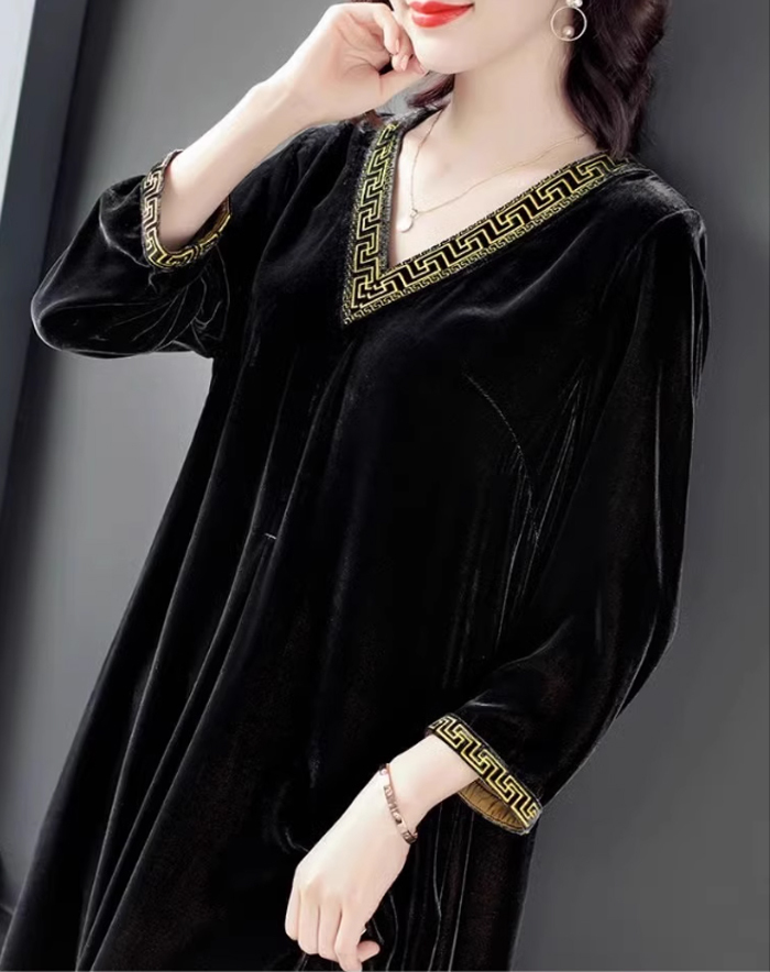 ベルベット ワンピース ベロア レディース ミモレ丈 膝丈 ベロアワンピース 長袖 ドレス 大きいサイズ 体型カバー あったか 暖かい 刺繍 ゆったり おしゃれ 高級感