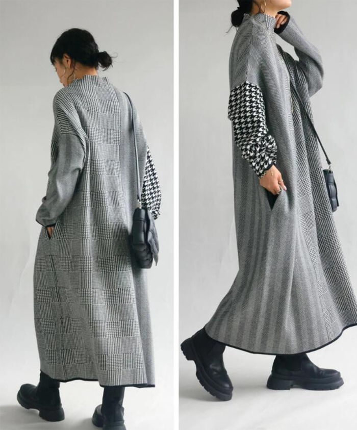 ニットワンピース ワンピース ニット レディース ニットワンピ ハイネック マキシ丈 千鳥柄 Iライン きれいめ 上品 大人 ブラック 2024秋冬新作  秋冬 長袖 チェック ブラック 体型カバー 送料無料