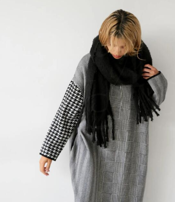 ニットワンピース ワンピース ニット レディース ニットワンピ ハイネック マキシ丈 千鳥柄 Iライン きれいめ 上品 大人 ブラック 2024秋冬新作  秋冬 長袖 チェック ブラック 体型カバー 送料無料