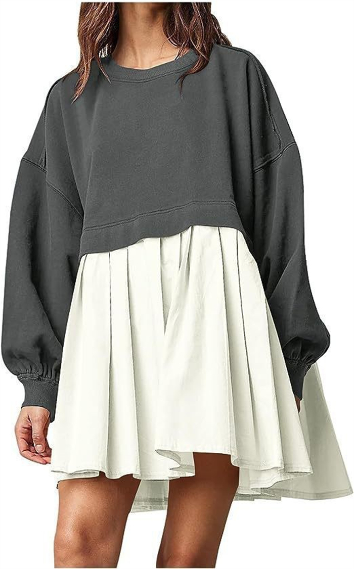 <br>ワンピース 長袖 チュニックワンピ プリーツワンピース プリーツ ニット ニットワンピース リブスリープ バルーンスリープ 春秋 レディース きれいめ ぽわん袖 ゆったり 異素材 着やせ Vネック 無地 体型カバー ビッグシルエット カジュアル 大きいサイズ 送料無料