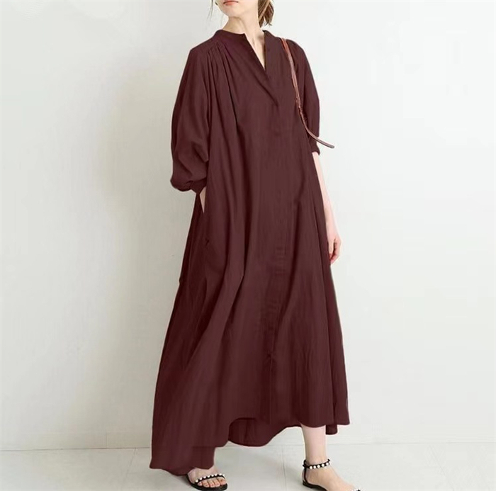 <br>シャツワンピース 長袖 レディース 大きいサイズ ロング マキシワンピース ロングシャツワンピ ぽわん袖 バルーンスリープ プリーツワンピ プリーツ きれいめ マキシ丈 無地 ワンピース ビッグシルエット カジュアル 送料無料