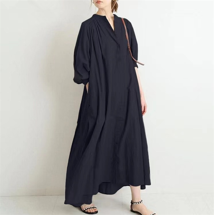 <br>シャツワンピース 長袖 レディース 大きいサイズ ロング マキシワンピース ロングシャツワンピ ぽわん袖 バルーンスリープ プリーツワンピ プリーツ きれいめ マキシ丈 無地 ワンピース ビッグシルエット カジュアル 送料無料