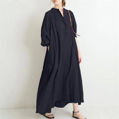 <br>シャツワンピース 長袖 レディース 大きいサイズ ロング マキシワンピース ロングシャツワンピ ぽわん袖 バルーンスリープ プリーツワンピ プリーツ きれいめ マキシ丈 無地 ワンピース ビッグシルエット カジュアル 送料無料