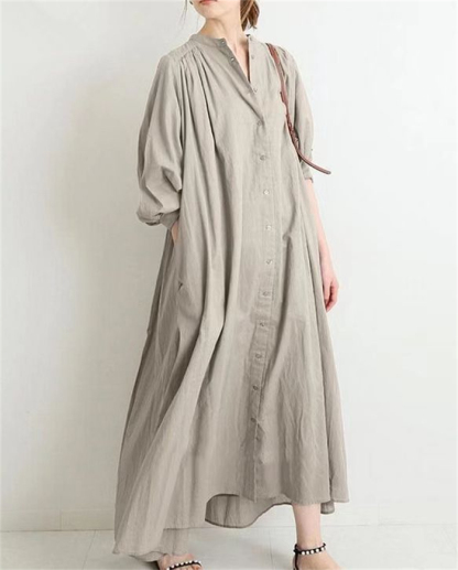 <br>シャツワンピース 長袖 レディース 大きいサイズ ロング マキシワンピース ロングシャツワンピ ぽわん袖 バルーンスリープ プリーツワンピ プリーツ きれいめ マキシ丈 無地 ワンピース ビッグシルエット カジュアル 送料無料