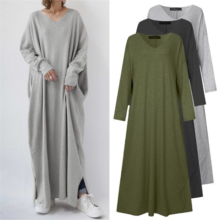 <br>ロングワンピース レディース きれいめ カジュアル ワンピース 長袖 Vネック 小顔 綿混 春 ロング丈 マキシ丈 マキシワンピース 伸縮性 柔らかい 無地 通勤 通学 体型カバー 大きいサイズ プルオーバー サイドスリットワンピ Aライン 大人可愛い 送料無料