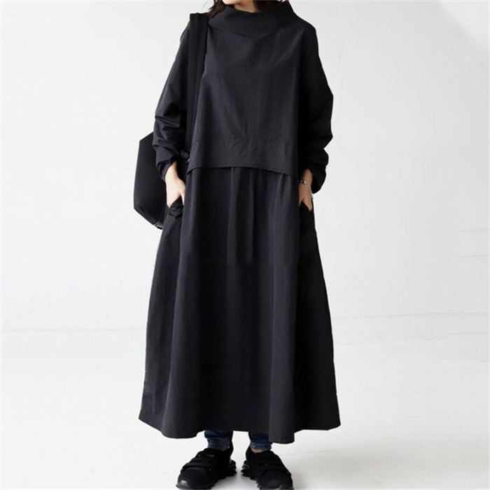 <br>ロングワンピース レディース きれいめ カジュアル ワンピース 長袖 ハイネック 小顔 綿混 春 ロング丈 マキシ丈 マキシワンピース 伸縮性 柔らかい 無地 通勤 通学 体型カバー 大きいサイズ プルオーバー ワンピ Aライン 大人可愛い 送料無料