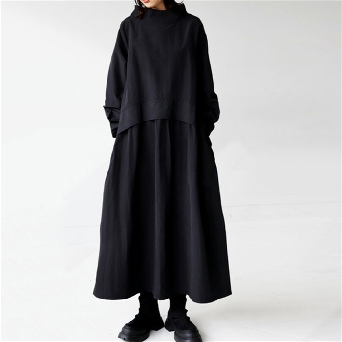 ロングワンピース レディース きれいめ カジュアル ワンピース 長袖 ハイネック 小顔 綿混 春 ロング丈 マキシ丈 マキシワンピース 伸縮性 柔らかい 無地 通勤 通学 体型カバー 大きいサイズ プルオーバー ワンピ Aライン 大人可愛い 送料無料