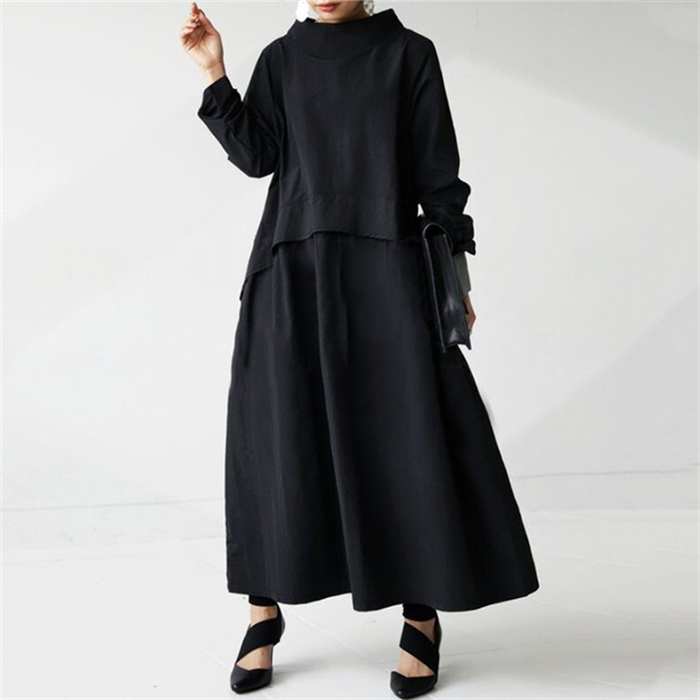 ロングワンピース レディース きれいめ カジュアル ワンピース 長袖 ハイネック 小顔 綿混 春 ロング丈 マキシ丈 マキシワンピース 伸縮性 柔らかい 無地 通勤 通学 体型カバー 大きいサイズ プルオーバー ワンピ Aライン 大人可愛い 送料無料