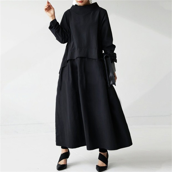 ロングワンピース レディース きれいめ カジュアル ワンピース 長袖 ハイネック 小顔 綿混 春 ロング丈 マキシ丈 マキシワンピース 伸縮性 柔らかい 無地 通勤 通学 体型カバー 大きいサイズ プルオーバー ワンピ Aライン 大人可愛い 送料無料