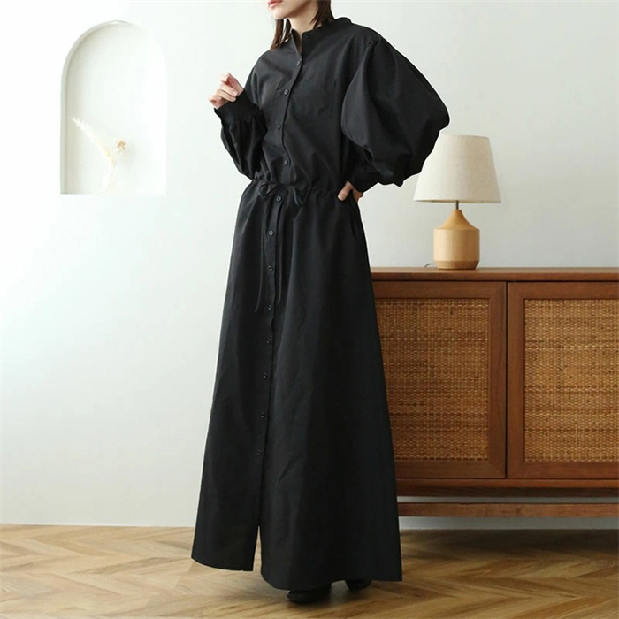 <br>シャツワンピース 長袖 レディース 大きいサイズ ロング マキシワンピース ロングシャツワンピ ぽわん袖 バルーンスリープ プリーツワンピ プリーツ きれいめ マキシ丈 無地 ワンピース ビッグシルエット カジュアル 送料無料