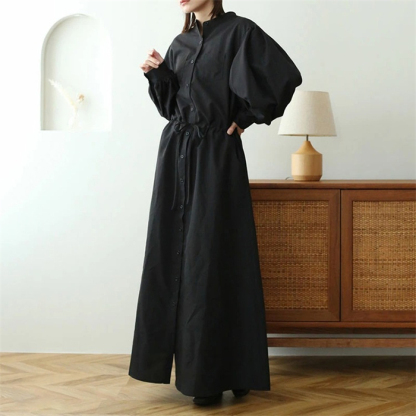 <br>シャツワンピース 長袖 レディース 大きいサイズ ロング マキシワンピース ロングシャツワンピ ぽわん袖 バルーンスリープ プリーツワンピ プリーツ きれいめ マキシ丈 無地 ワンピース ビッグシルエット カジュアル 送料無料