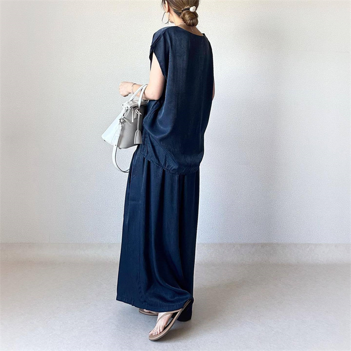 セットアップ レディース 春夏 夏 きれいめ 2点セット フレンチスリーブ スカート スカート スーツ 半袖 クルーネック 無地 お出かけ お呼ばれ 普段着 体型カバー ゆったり ハイウエスト 脚長効果 着瘦せ カジュアル 欧米風 上品