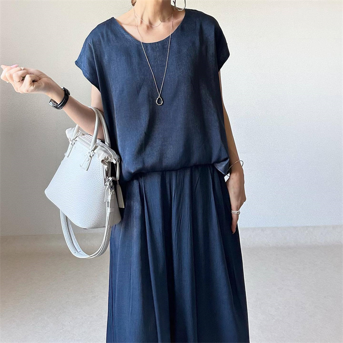 セットアップ レディース 春夏 夏 きれいめ 2点セット フレンチスリーブ スカート スカート スーツ 半袖 クルーネック 無地 お出かけ お呼ばれ 普段着 体型カバー ゆったり ハイウエスト 脚長効果 着瘦せ カジュアル 欧米風 上品