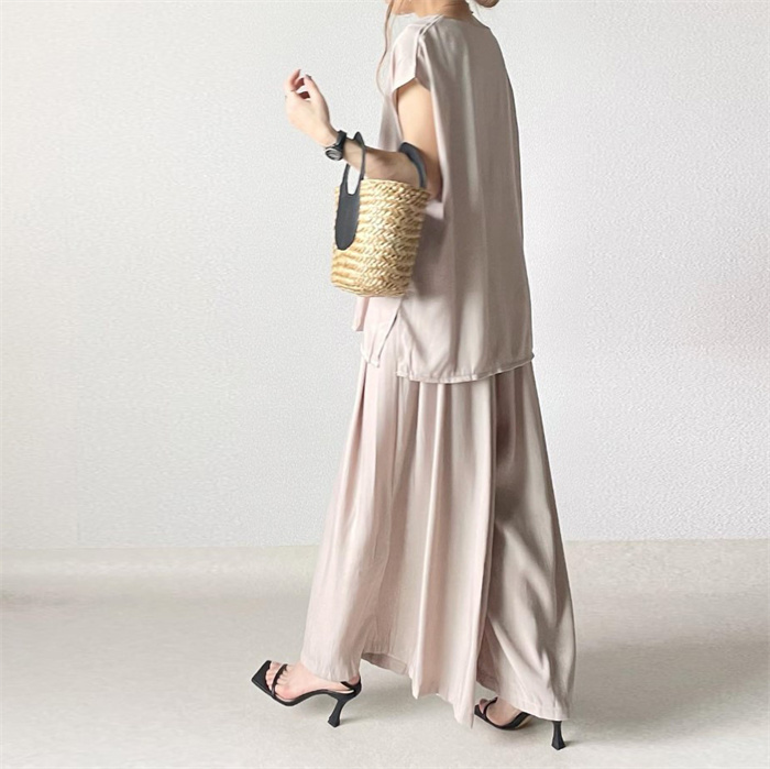 セットアップ レディース 春夏 夏 きれいめ 2点セット フレンチスリーブ スカート スカート スーツ 半袖 クルーネック 無地 お出かけ お呼ばれ 普段着 体型カバー ゆったり ハイウエスト 脚長効果 着瘦せ カジュアル 欧米風 上品