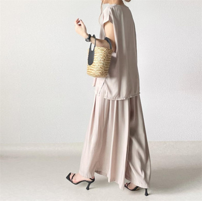 セットアップ レディース 春夏 夏 きれいめ 2点セット フレンチスリーブ スカート スカート スーツ 半袖 クルーネック 無地 お出かけ お呼ばれ 普段着 体型カバー ゆったり ハイウエスト 脚長効果 着瘦せ カジュアル 欧米風 上品