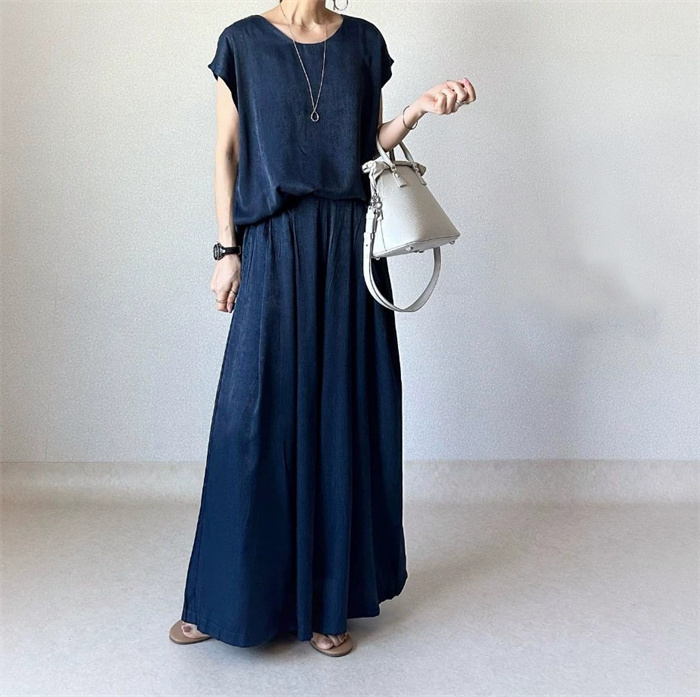 セットアップ レディース 春夏 夏 きれいめ 2点セット フレンチスリーブ スカート スカート スーツ 半袖 クルーネック 無地 お出かけ お呼ばれ 普段着 体型カバー ゆったり ハイウエスト 脚長効果 着瘦せ カジュアル 欧米風 上品