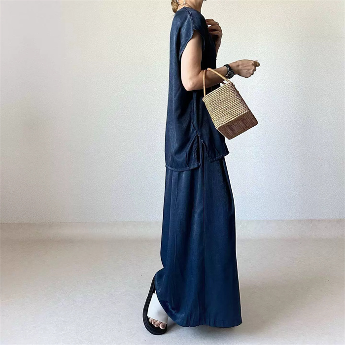 セットアップ レディース 春夏 夏 きれいめ 2点セット フレンチスリーブ スカート スカート スーツ 半袖 クルーネック 無地 お出かけ お呼ばれ 普段着 体型カバー ゆったり ハイウエスト 脚長効果 着瘦せ カジュアル 欧米風 上品